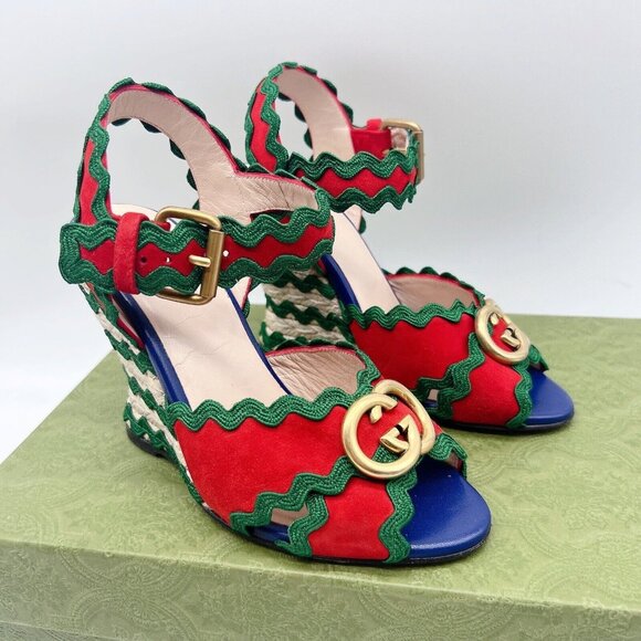 Gucci Shelly GG Logo Wedge Heels Sandals Red Green Interlocking EU 36.5 US 6.5 - Picture 1 of 12
